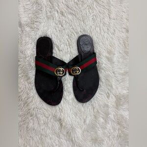 Gucci Black Flip-Flops with Red and Green Accents